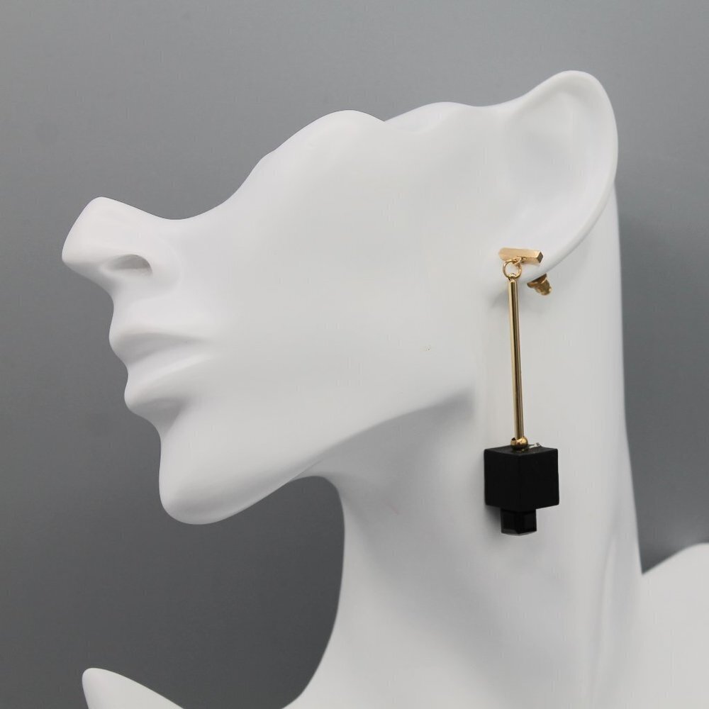 Jewelry earrings drop dangle modern simple black geometric yellow gold tone new